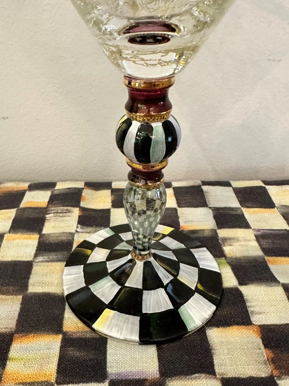 New Mackenzie Childs BLOOMING COURTLY CHECK Martini Floral Glass 8.25